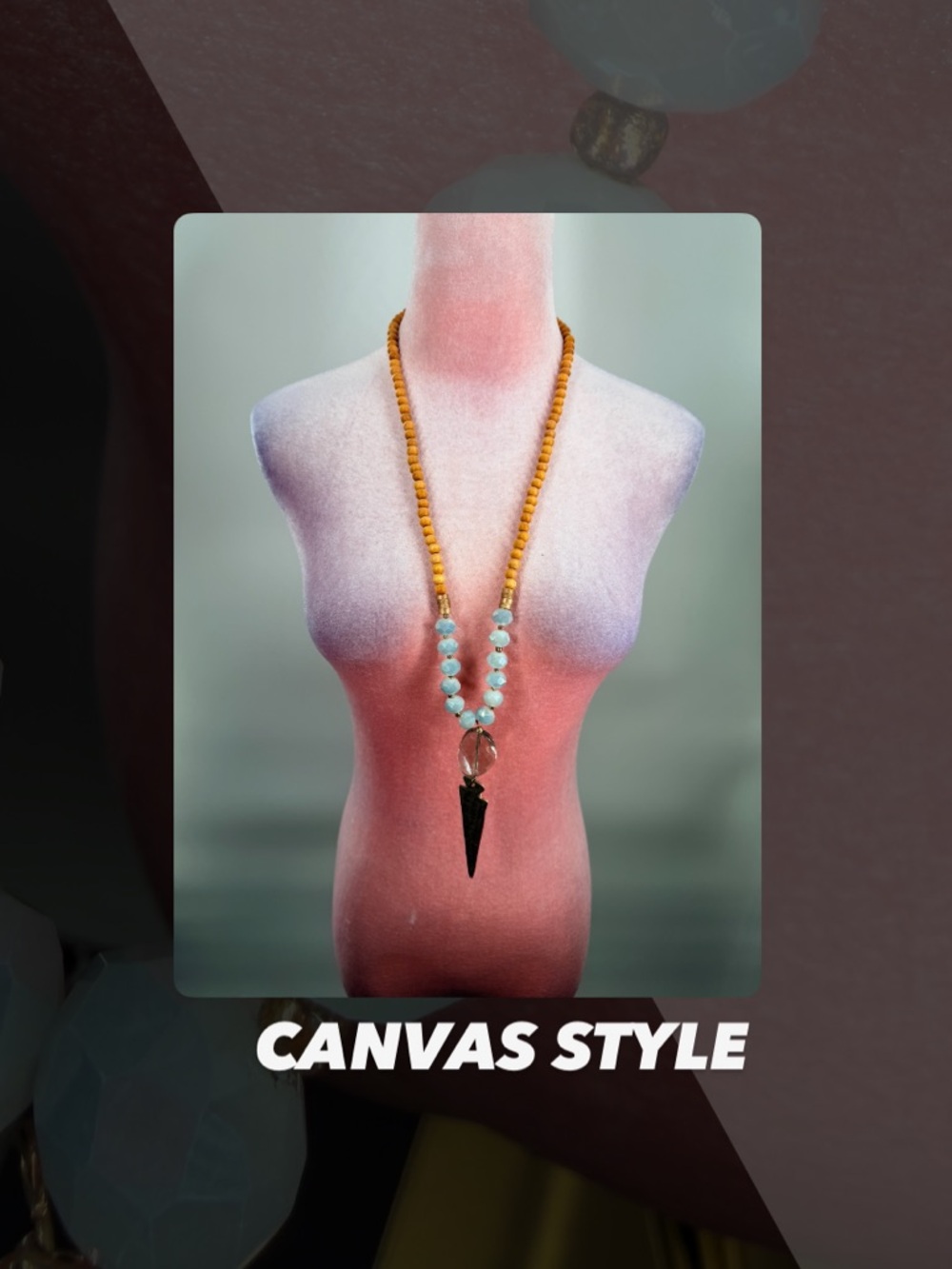 EUC Canvas Style Faux Wooden And Aquamarine Beaded Necklace